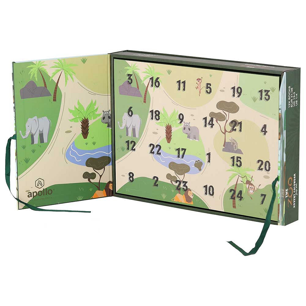 Apollo Socken-Adventskalender «Zoo» – Kalender geöffnet, schräg