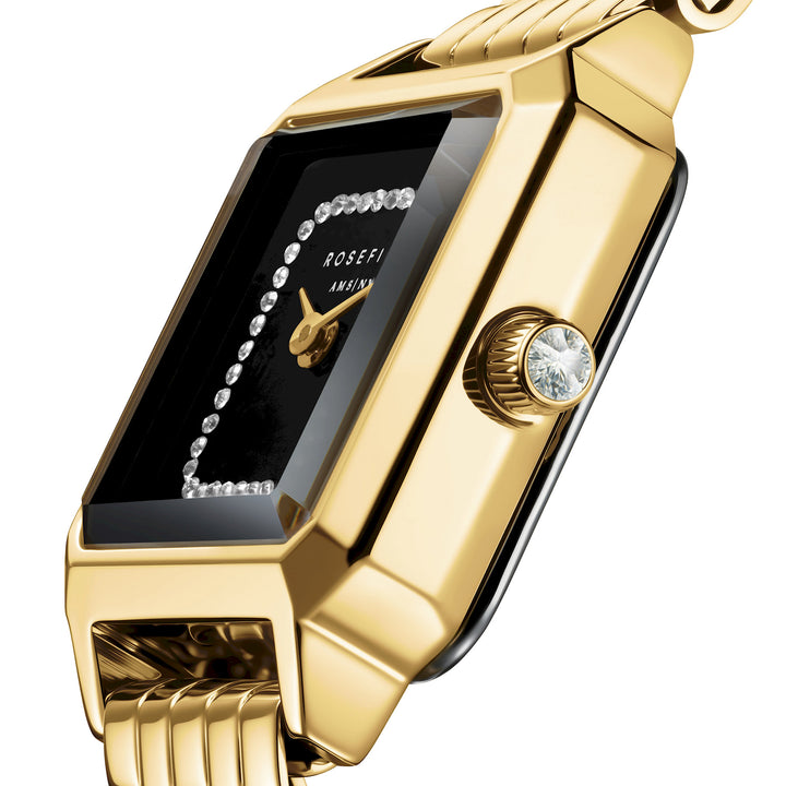 Rosefield Boxelle Black Crystal Frame Dial Gold Steel