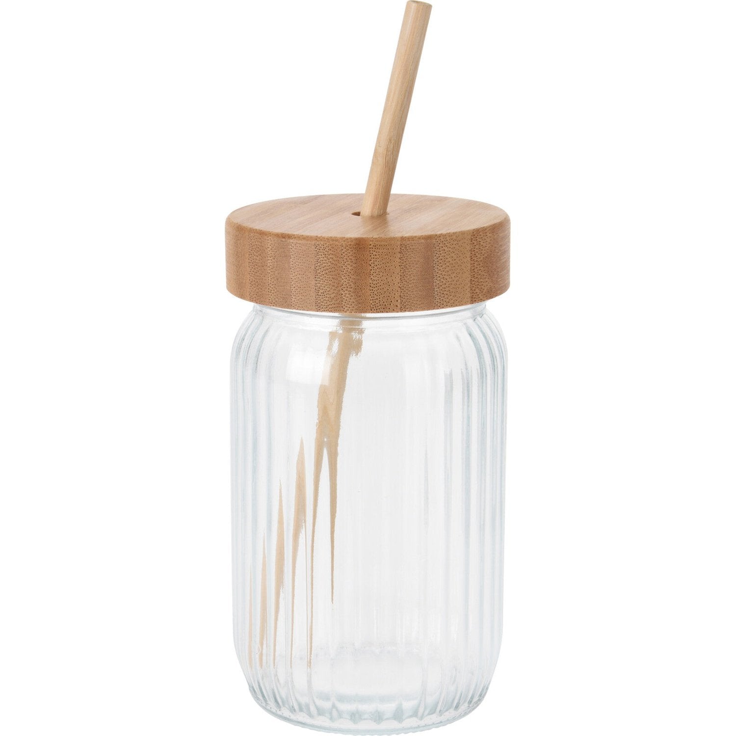Trinkgeschirr Trinkglas Mit Bambusdeckel Und Strohhalm 500 Ml 8X14,5 Cm