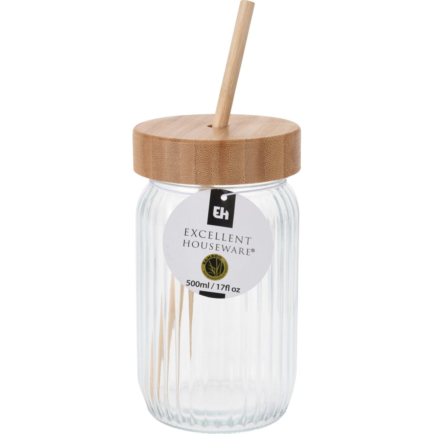 Trinkgeschirr Trinkglas Mit Bambusdeckel Und Strohhalm 500 Ml 8X14,5 Cm