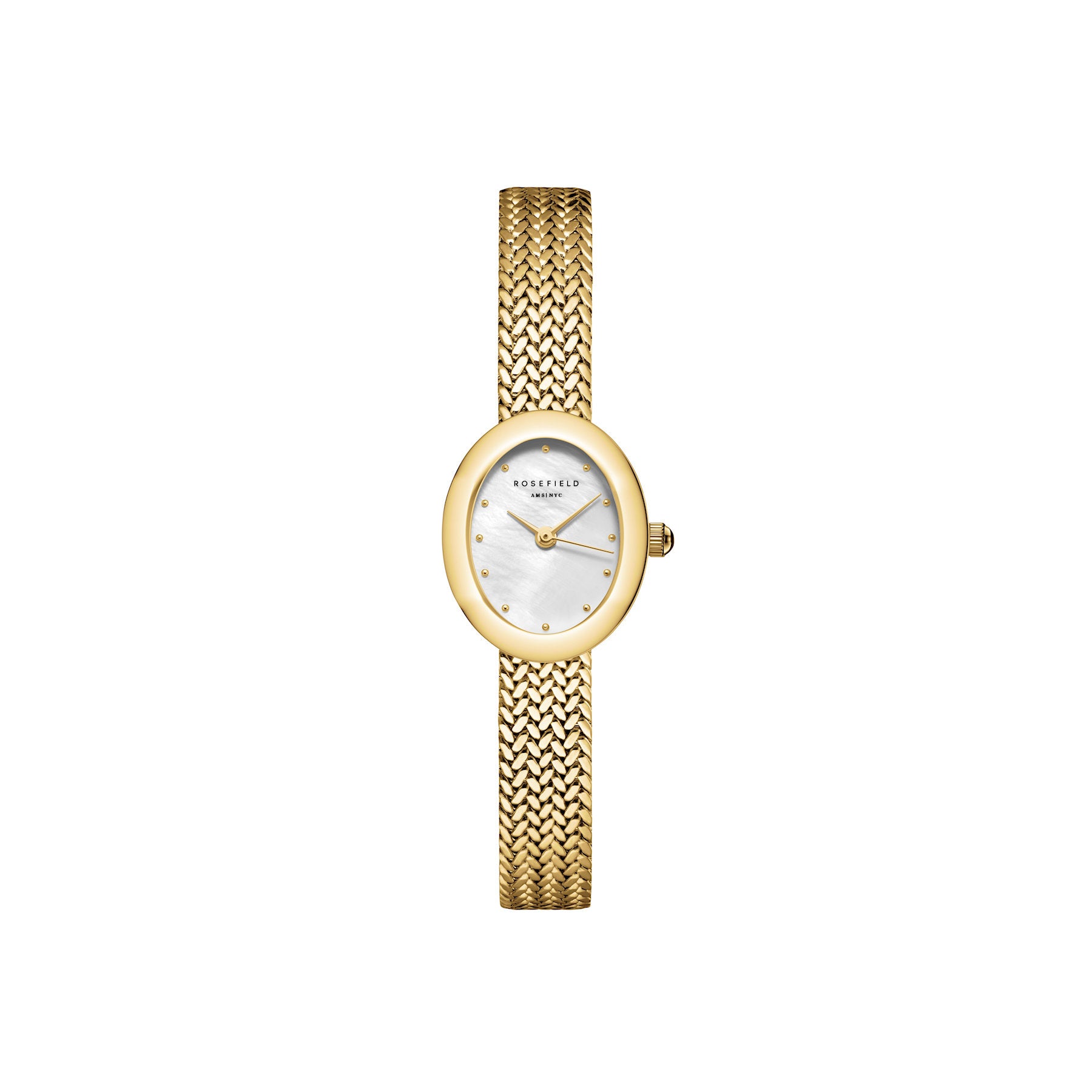 Rosefield Mini Oval White Dial Gold Woven Mesh Strap
