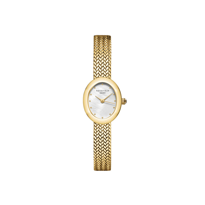 Rosefield Mini Oval White Dial Gold Woven Mesh Strap