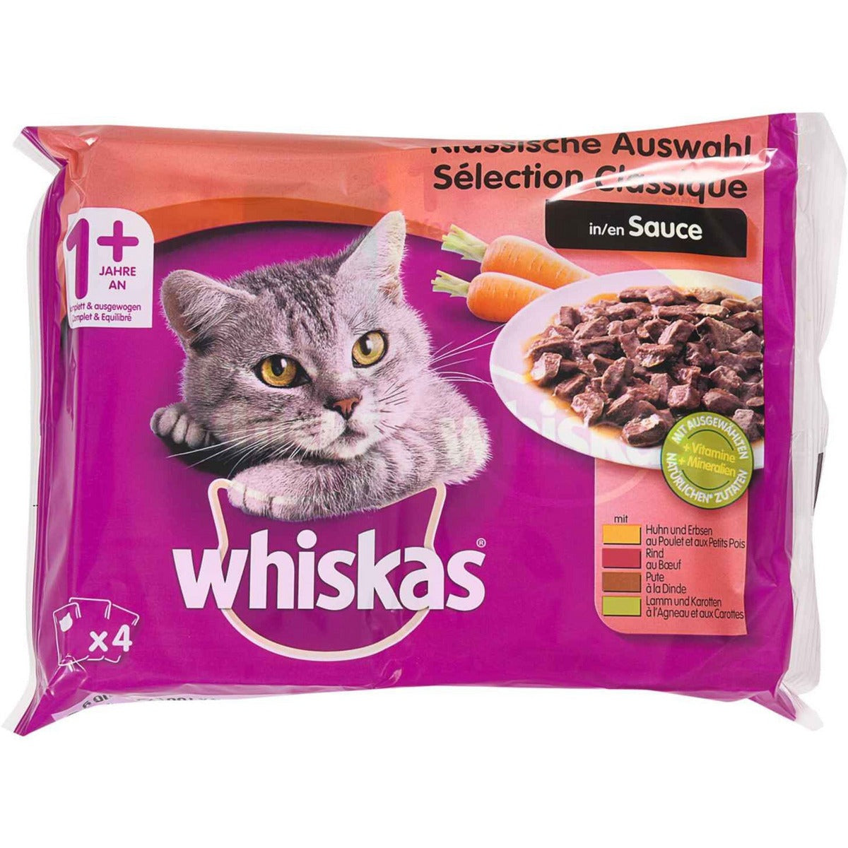 Whiskas Klassische Auswahl in Sauce 4 x 85g mit Huhn und Rind 2-12Monate